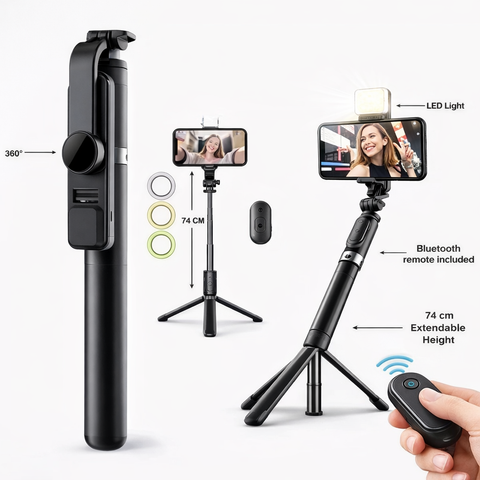 R1S 74cm Extendable 3 in 1 Selfie Stick Tripod with Bluetooth Remote Included and Rotatable